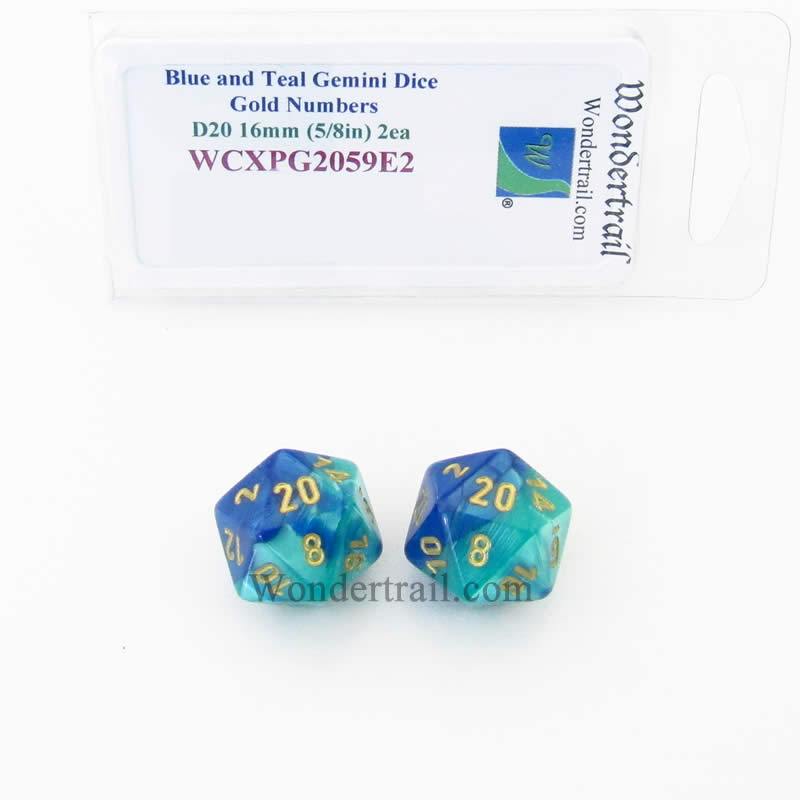 WCXPG2059E2 Blue Teal Gemini Dice Gold Numbers D20 16mm Pack of 2 (ONLINE ORDER ONLY)