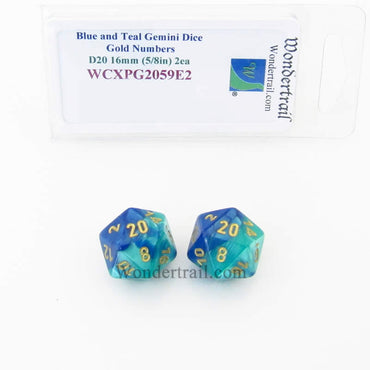WCXPG2059E2 Blue Teal Gemini Dice Gold Numbers D20 16mm Pack of 2 (ONLINE ORDER ONLY)