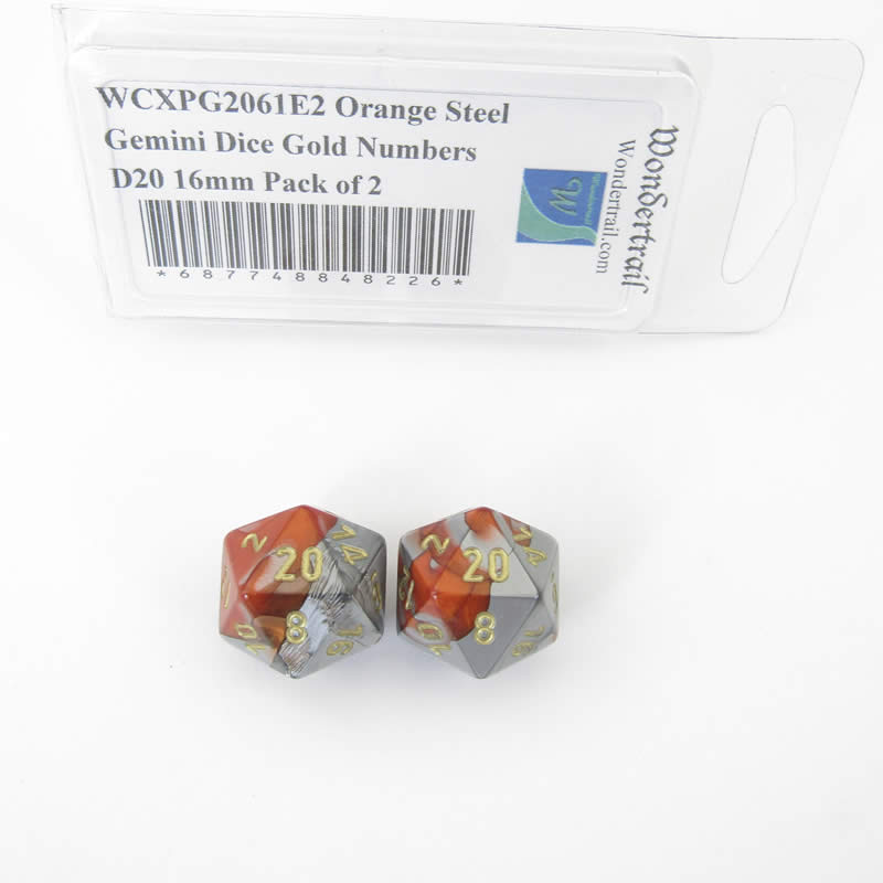 WCXPG2061E2 Orange Steel Gemini Dice Gold Numbers D20 16mm Pack of 2 (ONLINE ORDER ONLY)