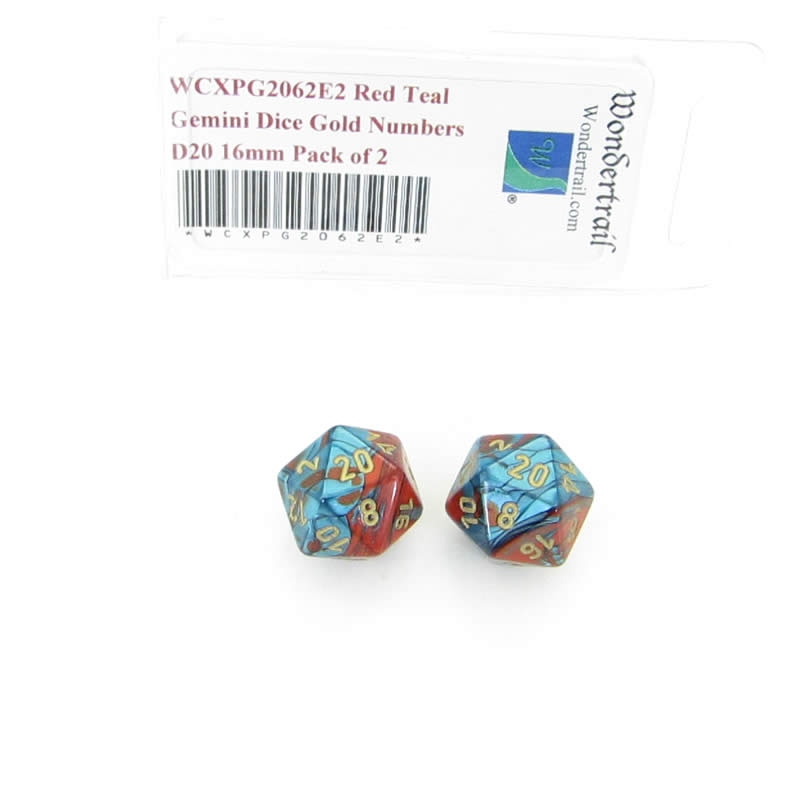 WCXPG2062E2 Red Teal Gemini Dice Gold Numbers D20 16mm Pack of 2 (ONLINE ORDER ONLY)