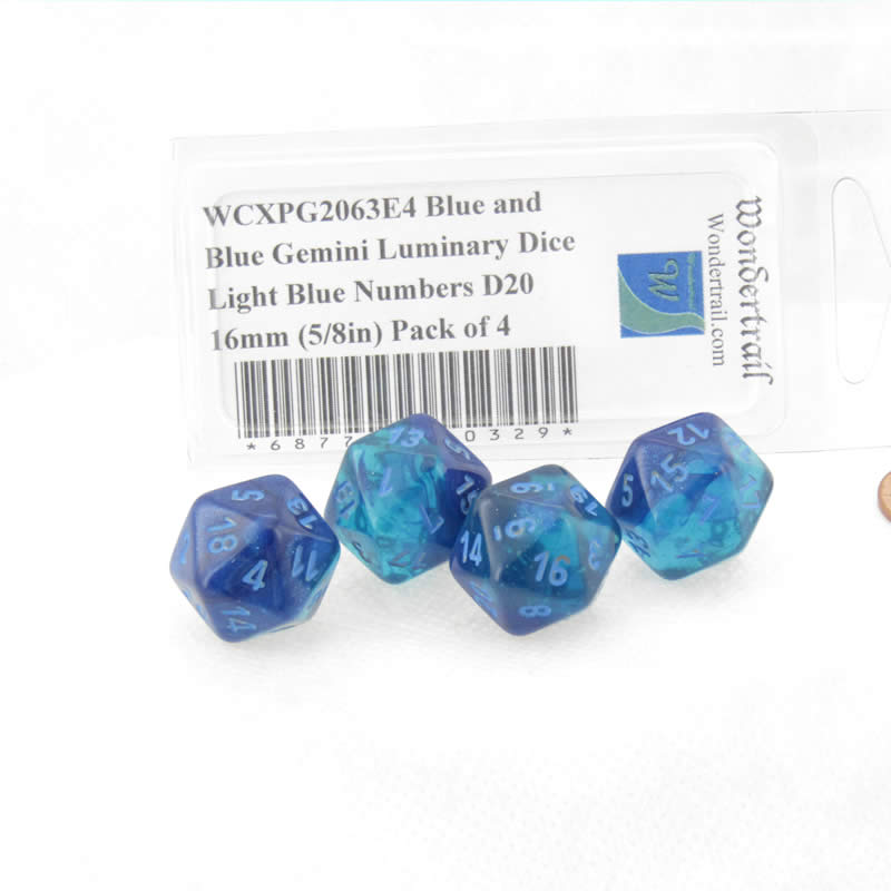 WCXPG2063E4 Blue and Blue Gemini Luminary Dice Light Blue Numbers D20 16mm (5/8in) Pack of 4 (ONLINE ORDER ONLY)