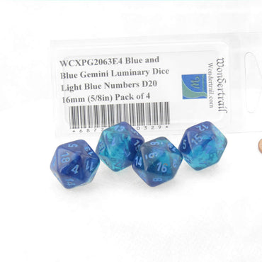WCXPG2063E4 Blue and Blue Gemini Luminary Dice Light Blue Numbers D20 16mm (5/8in) Pack of 4 (ONLINE ORDER ONLY)