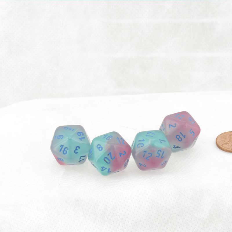 WCXPG2064E4 Gel Green Pink Gemini Luminary Dice Blue Numbers D20 Aprox 16mm (5/8in) Pack of 4 (ONLINE ORDER ONLY)