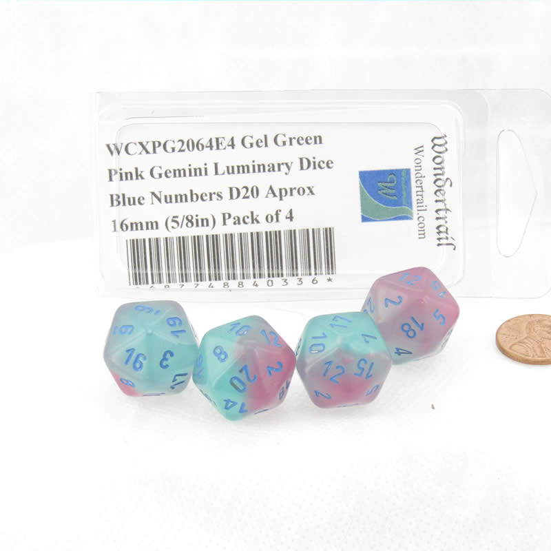 WCXPG2064E4 Gel Green Pink Gemini Luminary Dice Blue Numbers D20 Aprox 16mm (5/8in) Pack of 4 (ONLINE ORDER ONLY)