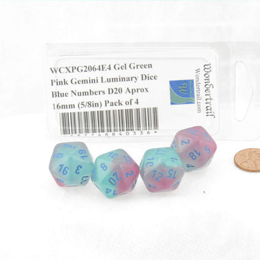 WCXPG2064E4 Gel Green Pink Gemini Luminary Dice Blue Numbers D20 Aprox 16mm (5/8in) Pack of 4 (ONLINE ORDER ONLY)