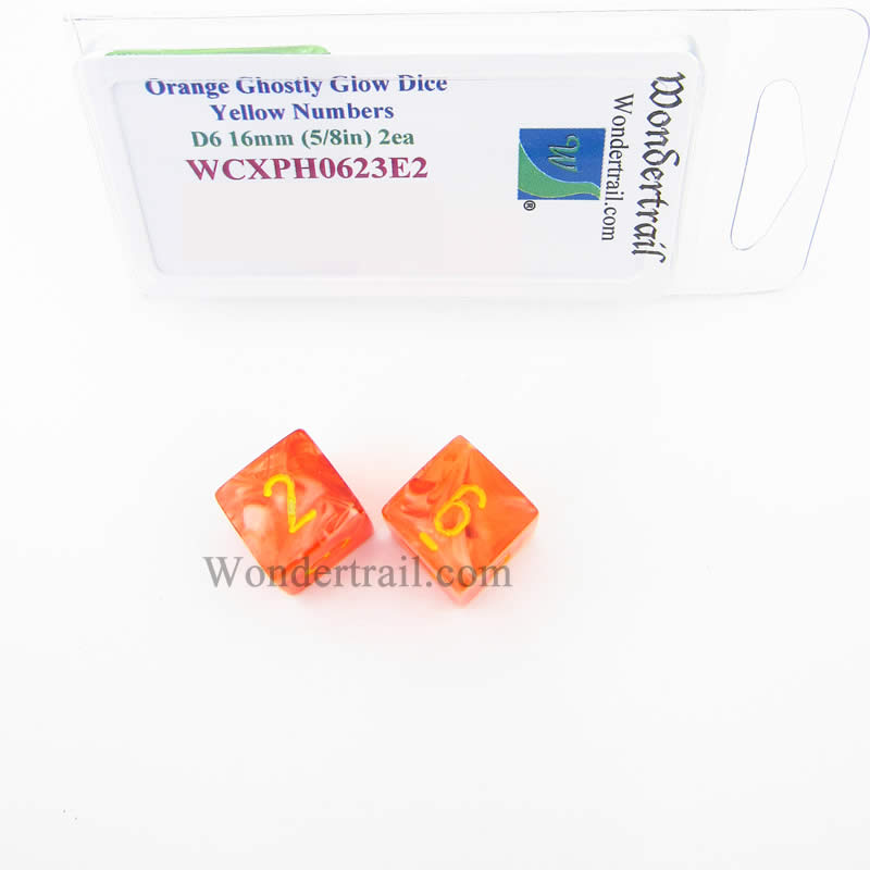 WCXPH0623E2 Orange Ghostly Glow Dice Yellow Numbers D6 16mm Pack of 2 (ONLINE ORDER ONLY)