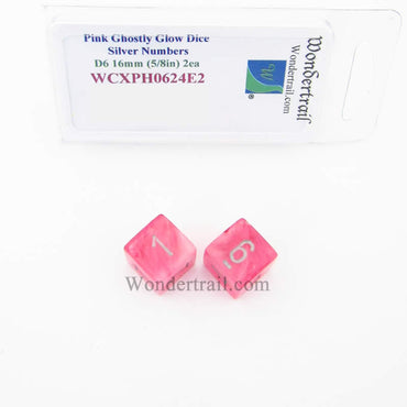 WCXPH0624E2 Pink Ghostly Glow Dice Silver Numbers D6 16mm Pack of 2 (ONLINE ORDER ONLY)
