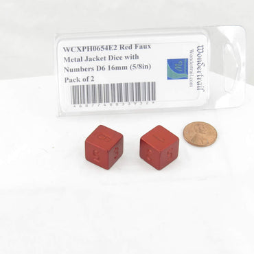 WCXPH0654E2 Red Faux Metal Jacket Dice Uncolored Numbers D6 16mm (5/8in) Pack of 2 (ONLINE ORDER ONLY)