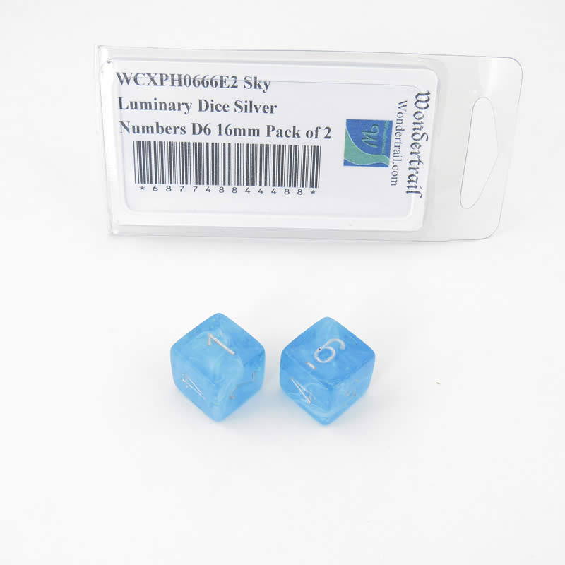 WCXPH0666E2 Sky Luminary Dice Silver Numbers D6 16mm Pack of 2 (ONLINE ORDER ONLY)