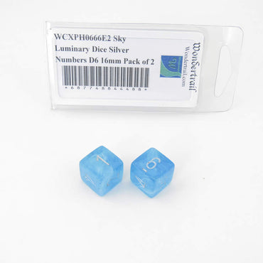 WCXPH0666E2 Sky Luminary Dice Silver Numbers D6 16mm Pack of 2 (ONLINE ORDER ONLY)