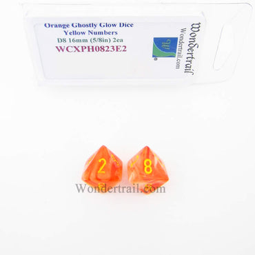 WCXPH0823E2 Orange Ghostly Glow Dice Yellow Numbers D8 16mm Pack of 2 (ONLINE ORDER ONLY)