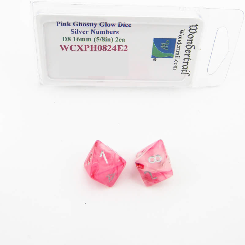WCXPH0824E2 Pink Ghostly Glow Dice Silver Numbers D8 16mm Pack of 2 (ONLINE ORDER ONLY)