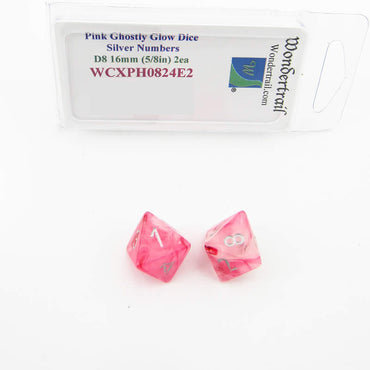 WCXPH0824E2 Pink Ghostly Glow Dice Silver Numbers D8 16mm Pack of 2 (ONLINE ORDER ONLY)