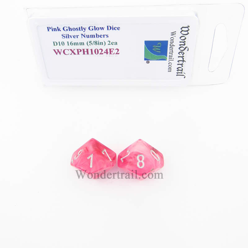 WCXPH1024E2 Pink Ghostly Glow Dice Silver Numbers D10 16mm Pack of 2 (ONLINE ORDER ONLY)