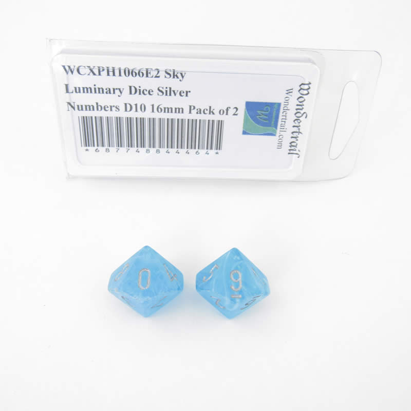 WCXPH1066E2 Sky Luminary Dice Silver Numbers D10 16mm Pack of 2 (ONLINE ORDER ONLY)