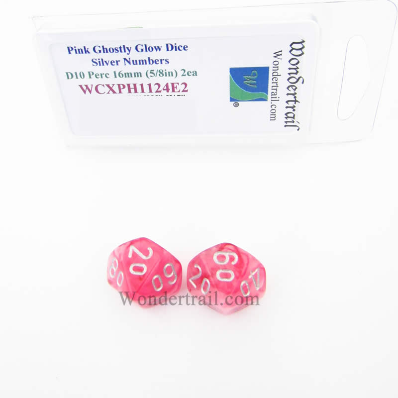 WCXPH1124E2 Pink Ghostly Glow Dice Silver Numbers Tens D10 16mm Pack of 2 (ONLINE ORDER ONLY)