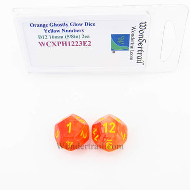WCXPH1223E2 Orange Ghostly Glow Dice Yellow Numbers D12 16mm Pack of 2 (ONLINE ORDER ONLY)