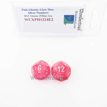 WCXPH1224E2 Pink Ghostly Glow Dice Silver Numbers D12 16mm Pack of 2 (ONLINE ORDER ONLY)