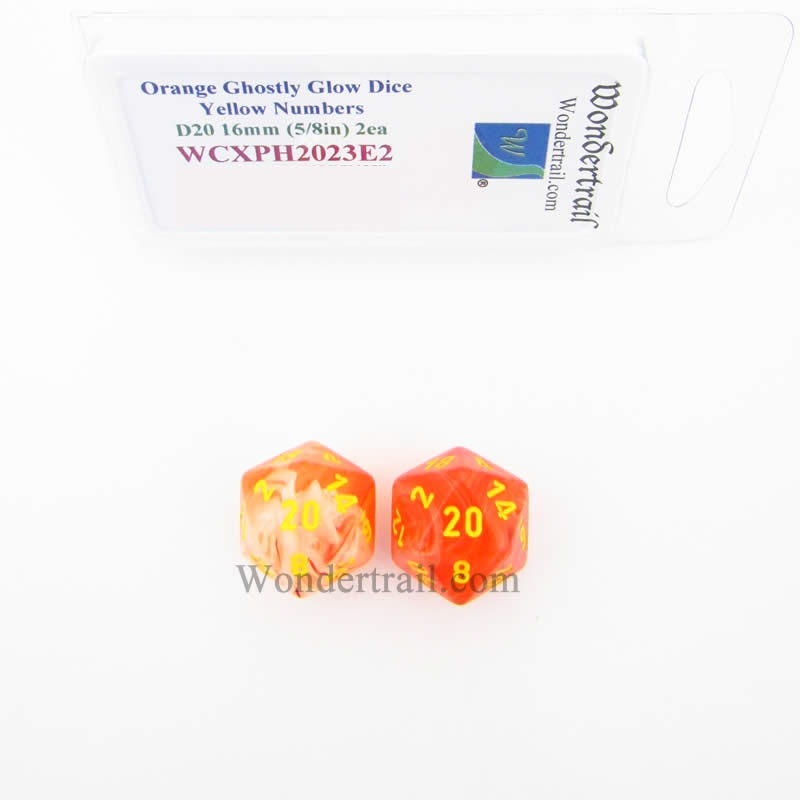 WCXPH2023E2 Orange Ghostly Glow Dice Yellow Numbers D20 16mm Pack of 2 (ONLINE ORDER ONLY)