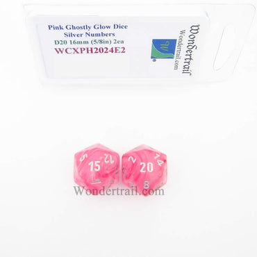 WCXPH2024E2 Pink Ghostly Glow Dice Silver Numbers D20 16mm Pack of 2 (ONLINE ORDER ONLY)