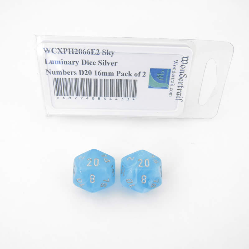 WCXPH2066E2 Sky Luminary Dice Silver Numbers D20 16mm Pack of 2 (ONLINE ORDER ONLY)