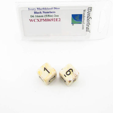 WCXPM0692E2 Ivory Marble Dice Black Numbers D6 16mm (5/8in) Pack of 2 (ONLINE ORDER ONLY)