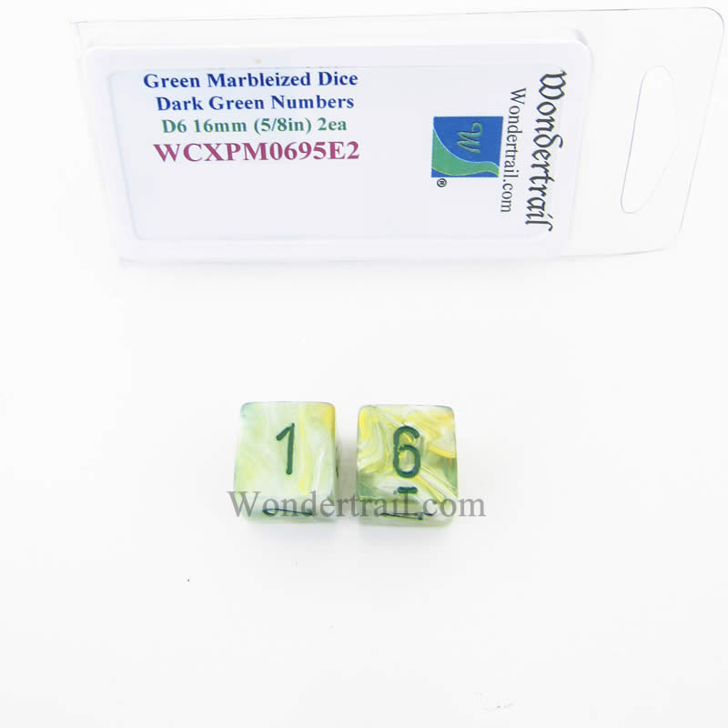 WCXPM0695E2 Green Marbleized Dice with Dark Green Numbers D6 16mm (5/8in) Pack of 2 Wondertrail (ONLINE ORDER ONLY)