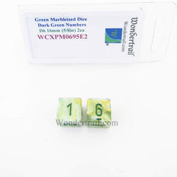WCXPM0695E2 Green Marbleized Dice with Dark Green Numbers D6 16mm (5/8in) Pack of 2 Wondertrail (ONLINE ORDER ONLY)