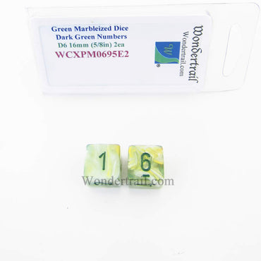 WCXPM0695E2 Green Marbleized Dice with Dark Green Numbers D6 16mm (5/8in) Pack of 2 Wondertrail (ONLINE ORDER ONLY)