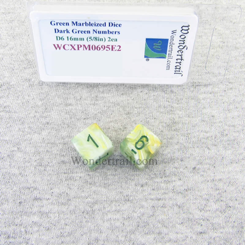 WCXPM0695E2 Green Marbleized Dice with Dark Green Numbers D6 16mm (5/8in) Pack of 2 Wondertrail (ONLINE ORDER ONLY)