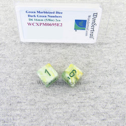 WCXPM0695E2 Green Marbleized Dice with Dark Green Numbers D6 16mm (5/8in) Pack of 2 Wondertrail (ONLINE ORDER ONLY)