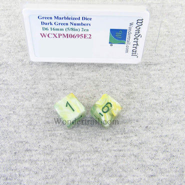 WCXPM0695E2 Green Marbleized Dice with Dark Green Numbers D6 16mm (5/8in) Pack of 2 Wondertrail (ONLINE ORDER ONLY)