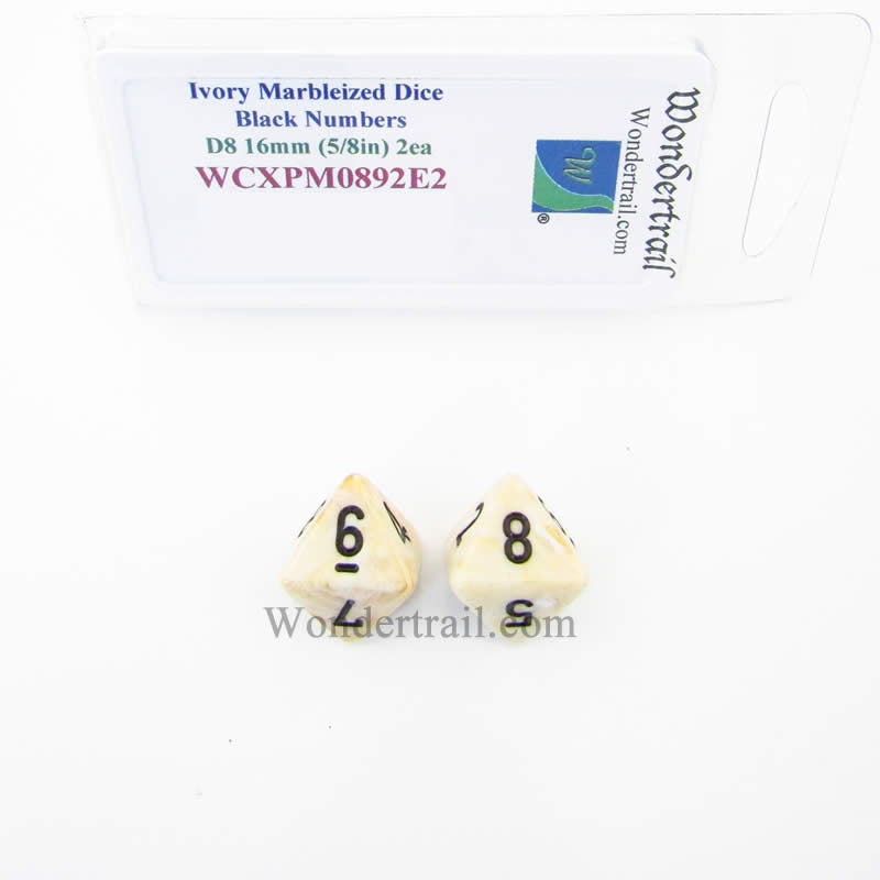 WCXPM0892E2 Ivory Marble Dice Black Numbers D8 16mm (5/8in) Pack of 2 (ONLINE ORDER ONLY)