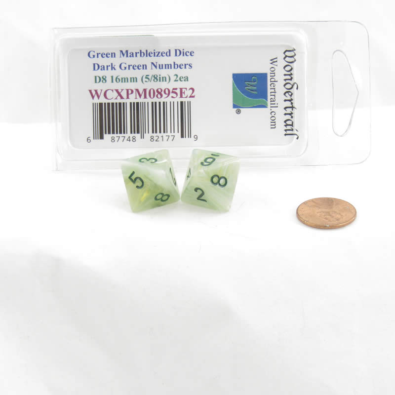 WCXPM0895E2 Green Marble Dice Dark Green Numbers D8 16mm Pack of 2 (ONLINE ORDER ONLY)