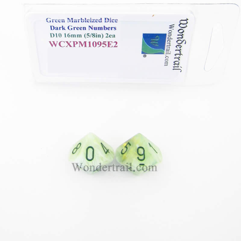 WCXPM1095E2 Green Marble Dice Dark Green Numbers D10 16mm Pack of 2 (ONLINE ORDER ONLY)