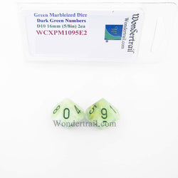 WCXPM1095E2 Green Marble Dice Dark Green Numbers D10 16mm Pack of 2 (ONLINE ORDER ONLY)
