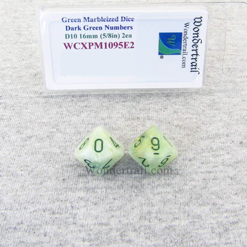 WCXPM1095E2 Green Marble Dice Dark Green Numbers D10 16mm Pack of 2 (ONLINE ORDER ONLY)