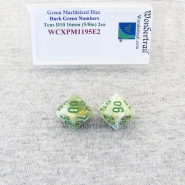 WCXPM1195E2 Green Marble Dice Dark Green Numbers Tens D10 16mm Pack of 2 (ONLINE ORDER ONLY)