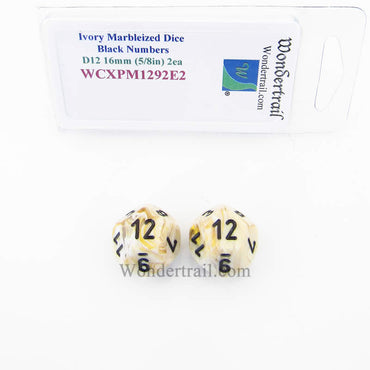 WCXPM1292E2 Ivory Marble Dice Black Numbers D12 16mm (5/8in) Pack of 2 (ONLINE ORDER ONLY)
