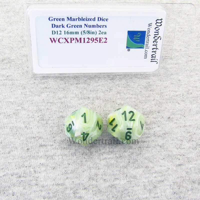 WCXPM1295E2 Green Marble Dice Dark Green Numbers D12 16mm Pack of 2 (ONLINE ORDER ONLY)