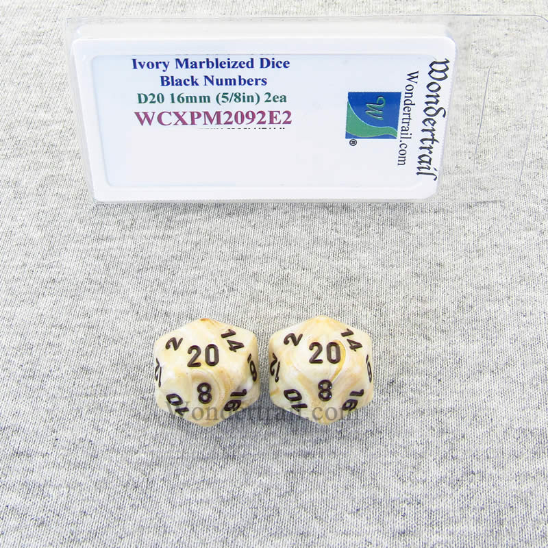 WCXPM2092E2 Ivory Marble Dice Black Numbers D20 16mm Pack of 2 (ONLINE ORDER ONLY)