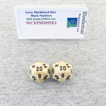 WCXPM2092E2 Ivory Marble Dice Black Numbers D20 16mm Pack of 2 (ONLINE ORDER ONLY)