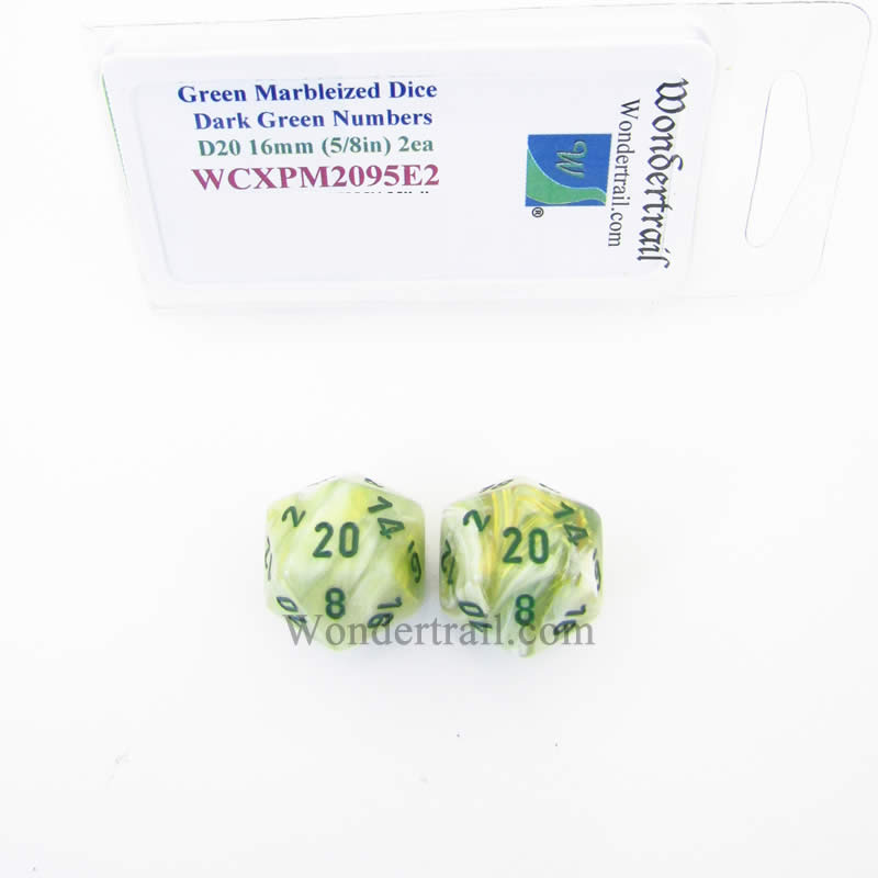 WCXPM2095E2 Green Marble Dice Dark Green Numbers D20 16mm Pack of 2 (ONLINE ORDER ONLY)