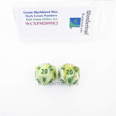 WCXPM2095E2 Green Marble Dice Dark Green Numbers D20 16mm Pack of 2 (ONLINE ORDER ONLY)