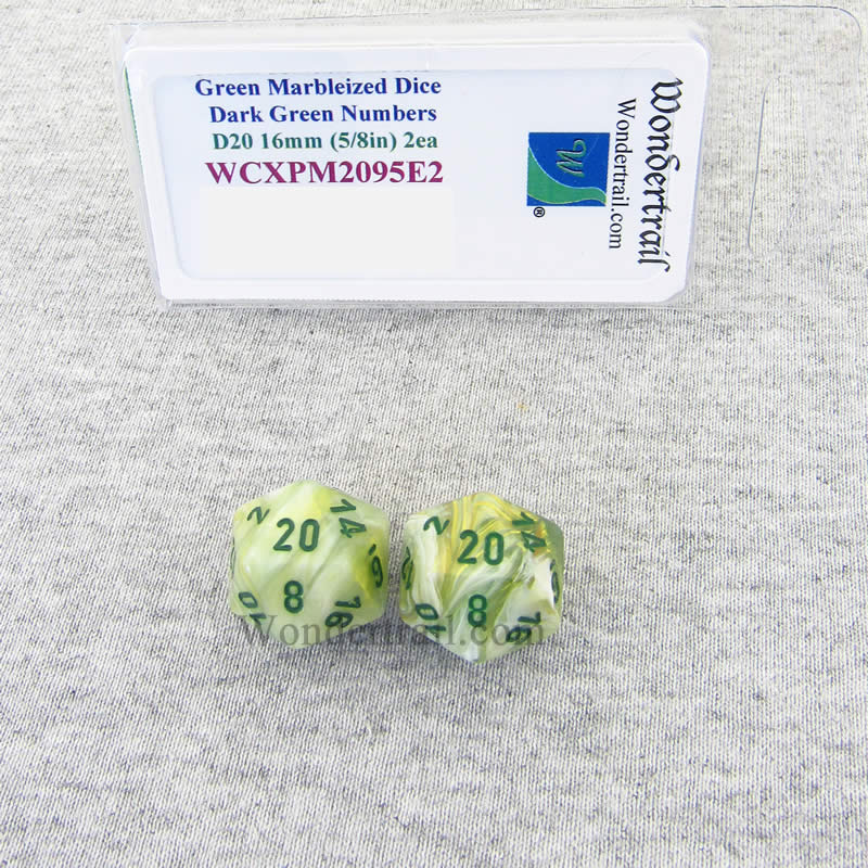 WCXPM2095E2 Green Marble Dice Dark Green Numbers D20 16mm Pack of 2 (ONLINE ORDER ONLY)