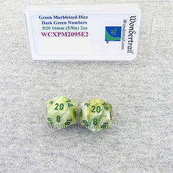 WCXPM2095E2 Green Marble Dice Dark Green Numbers D20 16mm Pack of 2 (ONLINE ORDER ONLY)