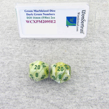 WCXPM2095E2 Green Marble Dice Dark Green Numbers D20 16mm Pack of 2 (ONLINE ORDER ONLY)