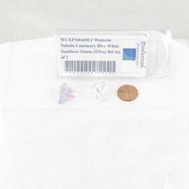 WCXPN0445E2 Wisteria Nebula Luminary Dice White Numbers 16mm (5/8in) D4 Set of 2 (ONLINE ORDER ONLY)