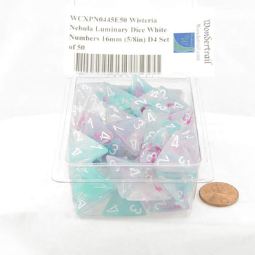 WCXPN0445E50 Wisteria Nebula Luminary Dice White Numbers 16mm (5/8in) D4 Set of 50 (ONLINE ORDER ONLY)