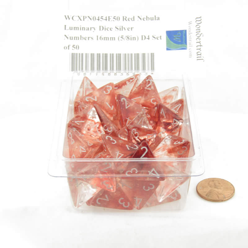 WCXPN0454E50 Red Nebula Luminary Dice Silver Numbers 16mm (5/8in) D4 Set of 50 (ONLINE ORDER ONLY)